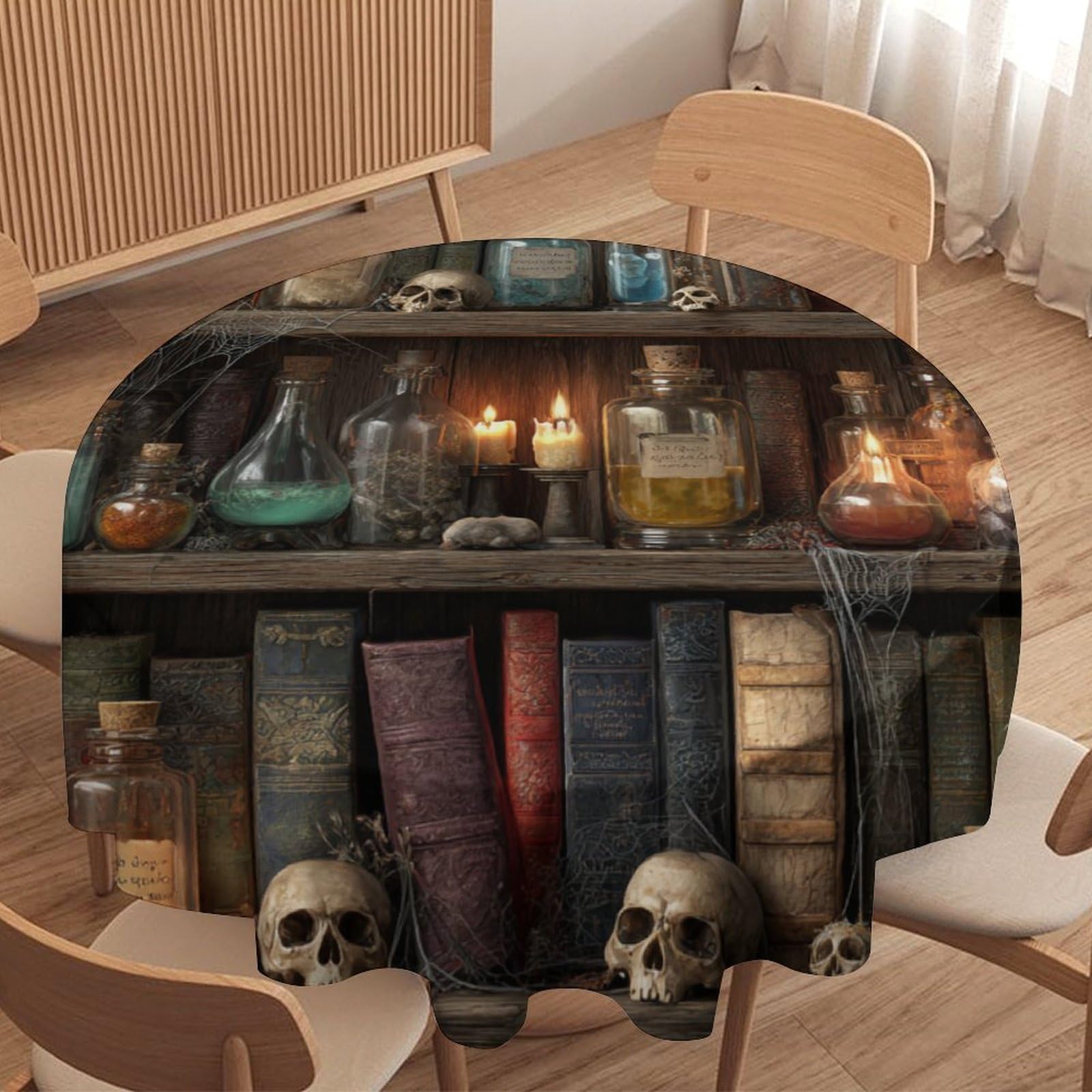 LUYYSKY Beautiful Modern Magic Bookshelf Round Tablecloth Gothic Aesthetic Halloween Skull Skeleton Pattern Washable Decor for Table Cover for Kitchen-91.4" Wx91.4 L cm