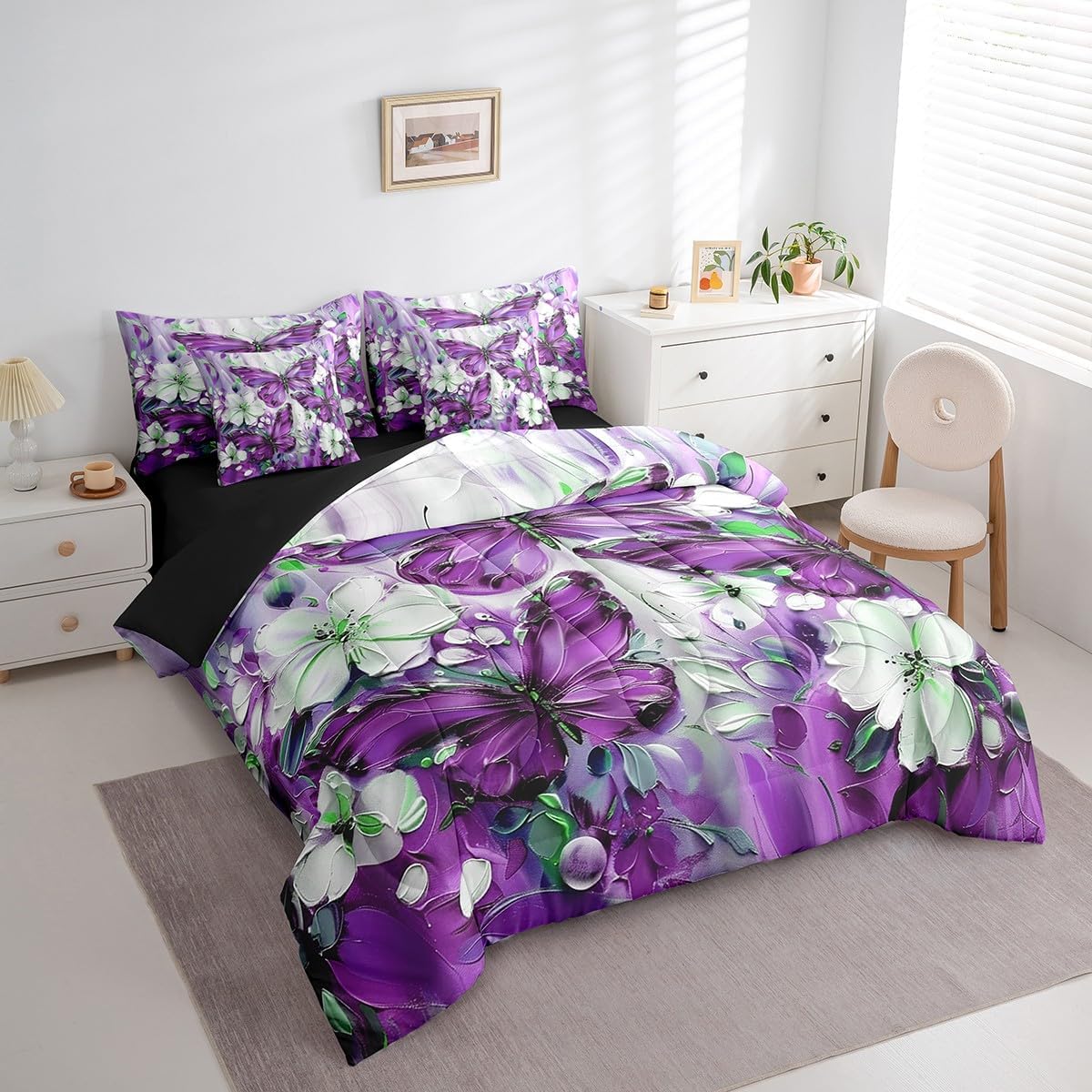 Erosebridal 7 Piece Purple Butterfly Queen Comforter Set with Sheets for Girls Teen Women,White Flowers Oil Painting Boho Bed in A Bag Floral Butterfly Bedding Set,Retro Bohemian Animal Bed Set