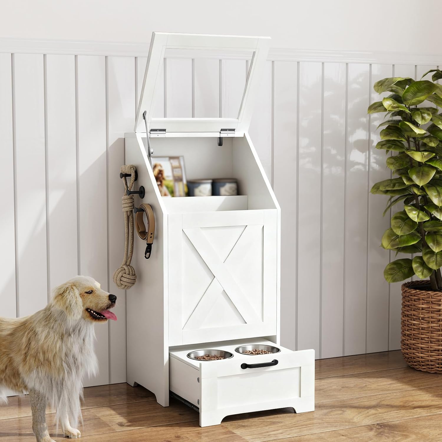 Dog Feeding Station with Storage Cabinet and 2 Elevated Dog Bowls, Hidden Pet Food Storage Organizer for Dog &Cat, Modern Dogs Furniture, White