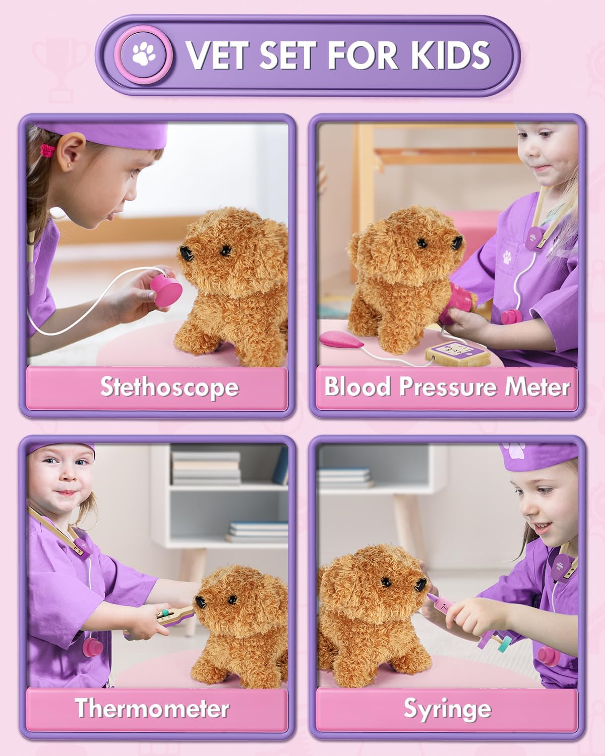 Lehoo Castle Toys for 3 4 Years Old Girls, Vet Play Sets, Wooden Doctor Kit for Toddlers 3-5 Pink, Pretend Play Dr Kits with Puppy, Dog Bag, Medical Accessories Vet Play Sets, Pink image 2 of 6 B0D6VLB8VZ