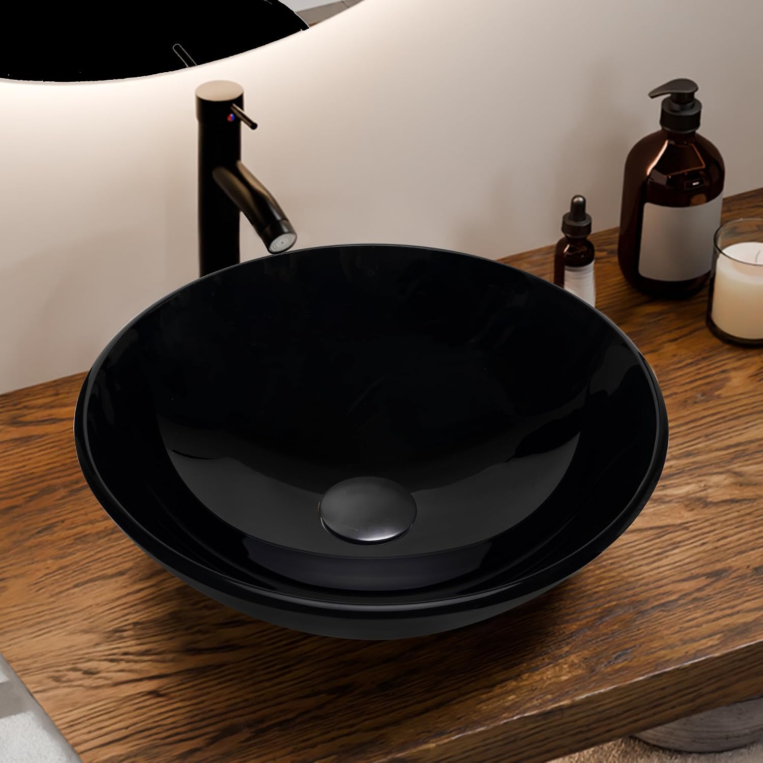 YIMAI Vessel Sink Bathroom Bowl, Black Glass Round Sink 13.8" Countertop Vanity Basin,Tempered Glass Modern Above Counter Bathroom Sink for Small Space