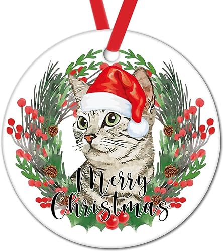 Corona de Navidad adorno de Navidad con diseño de gato y gato 2022 sombrero de Feliz Navidad adorno divertido de Año Nuevo adorno de cerámica