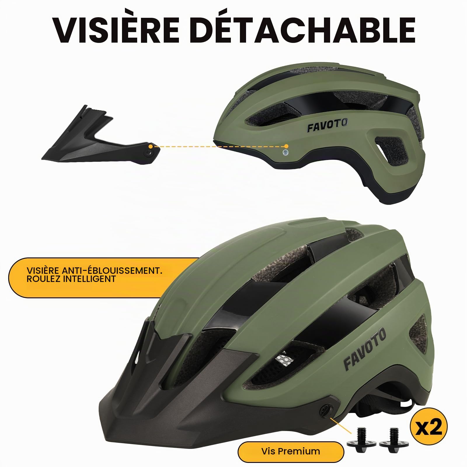 Favoto Casque de vélo de Montagne léger pour Adulte - Casque de vélo de Route réglable pour Homme et Femme - Design Triple Coque - Certifié CE