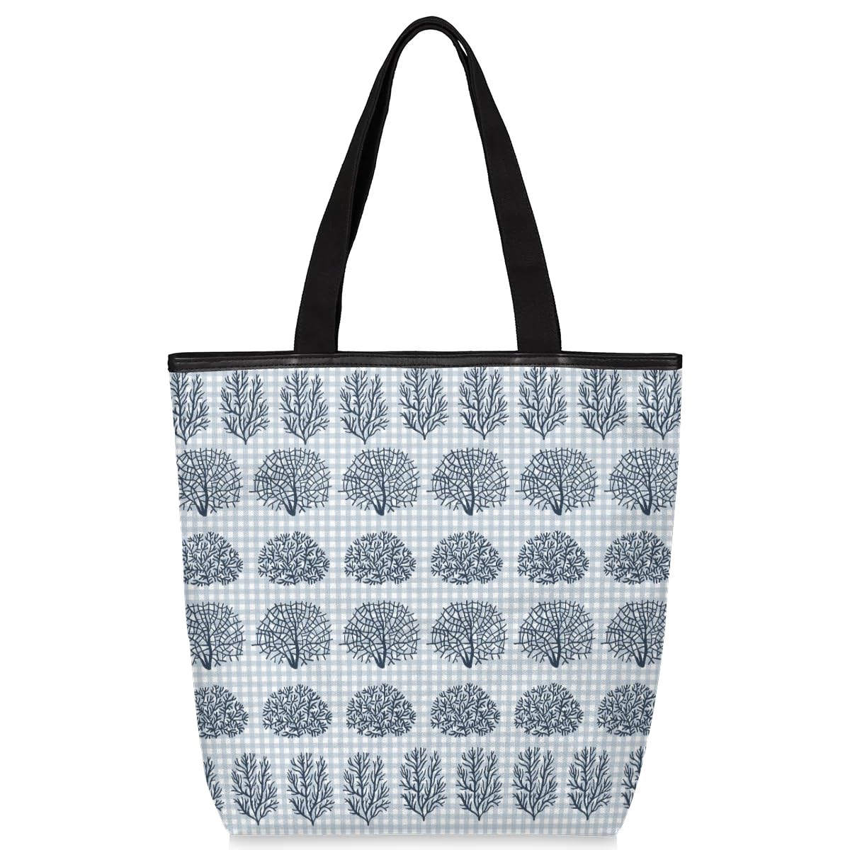 Mularoka Grid Hand Painted Coral Canvas Tote Bag with Zipper and Pockets Canvas Tote Shopping Bag Women Reusable Grocery Bag for Beach Travel Gym Shopping