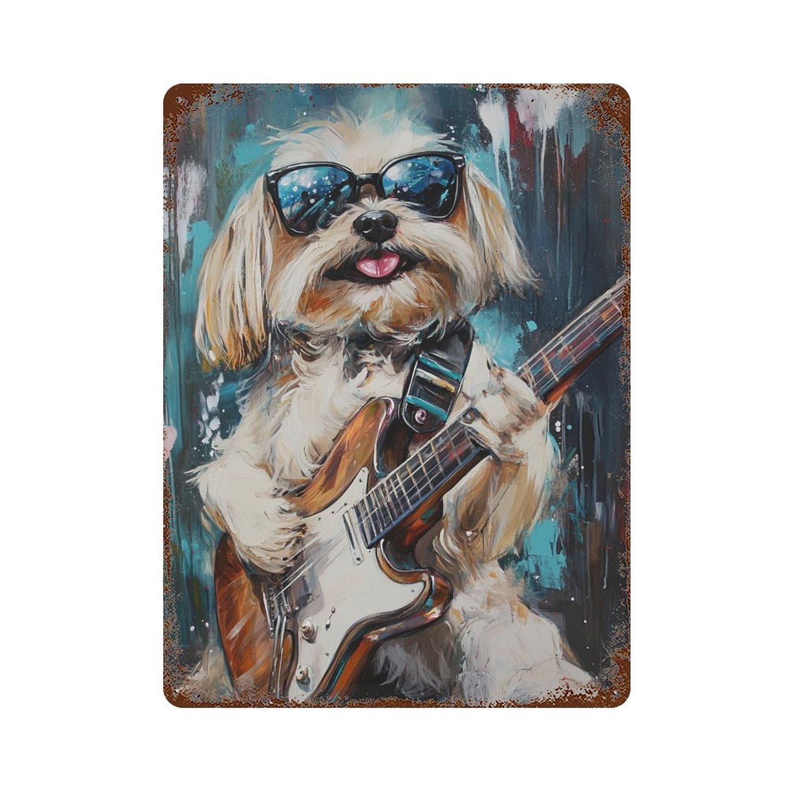 Rock Star Pup Cool Dog Playing Guitar Retro Metal Sign 15.7"x11.8", Old School Wall Decor for Garage, Pub Or Kitchen