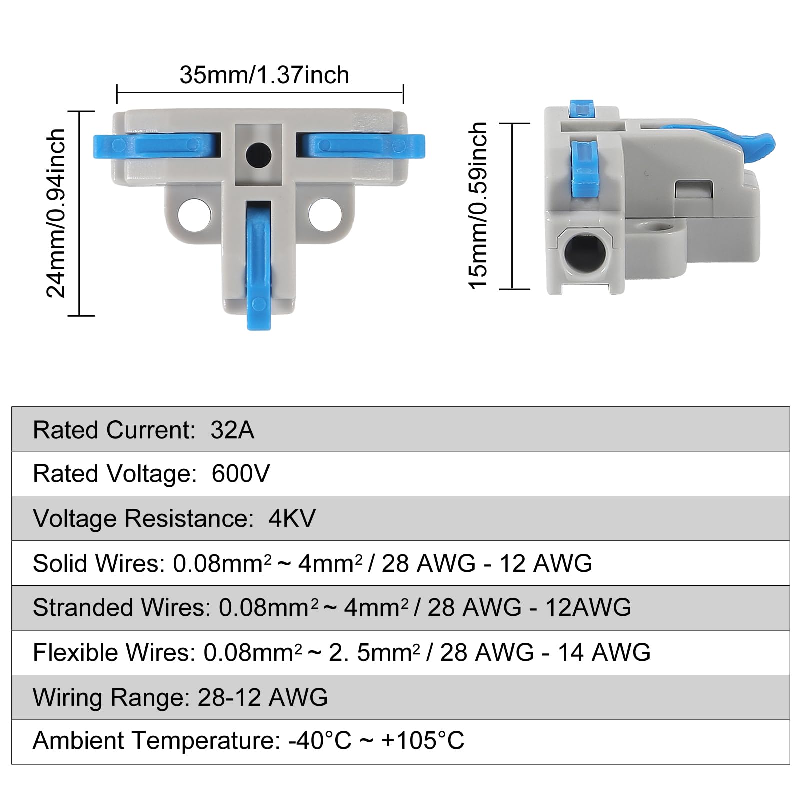 20-Piece Lever Wire Nut Connector Set – 10 T-Type 3-Pin Splitters + 10 Compact 1-Way Splicing Connectors, 28-12 AWG, Push-Wire, No Tools Needed