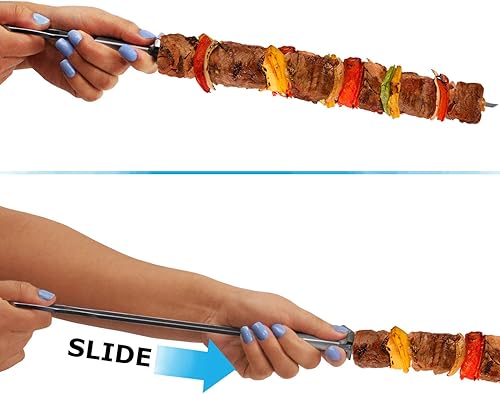 Miniatura 4 de Blue Donuts Paquete de 10 brochetas de Kabob para asar de 17 pulgadas, brochetas con barra de empuje, brochetas de acero inoxidable con cómodo