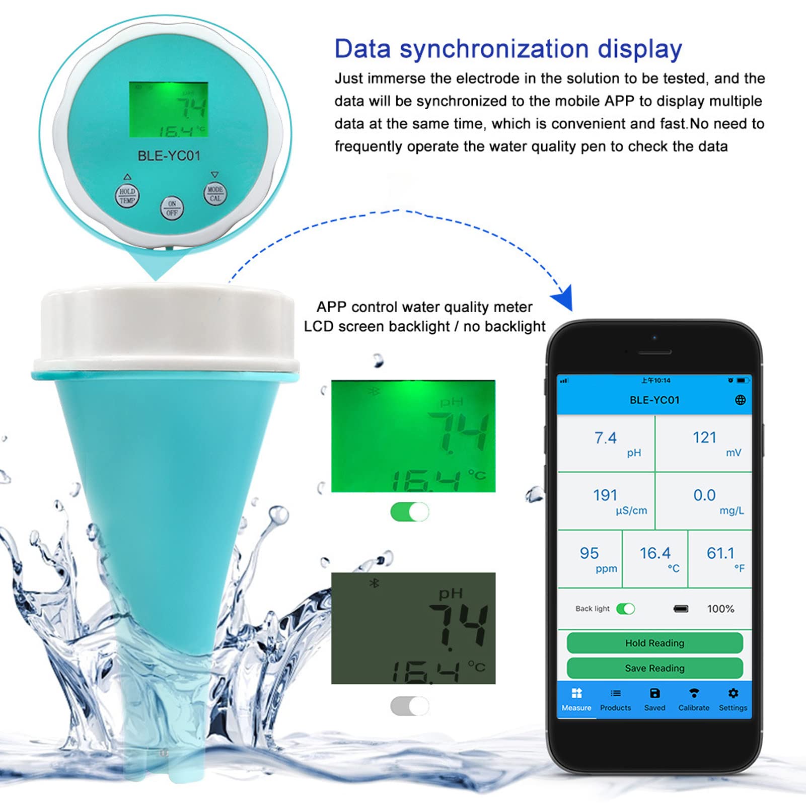 Tester Wody w Basenie, 6 w 1 Miernik Ph Orp Ec Tds Temp Cl z Połączeniem Aplikacji Bluetooth i Automatycznym Zapisem Danych Udostępnij Tester Jakości Wody Zasilany Bateryjnie