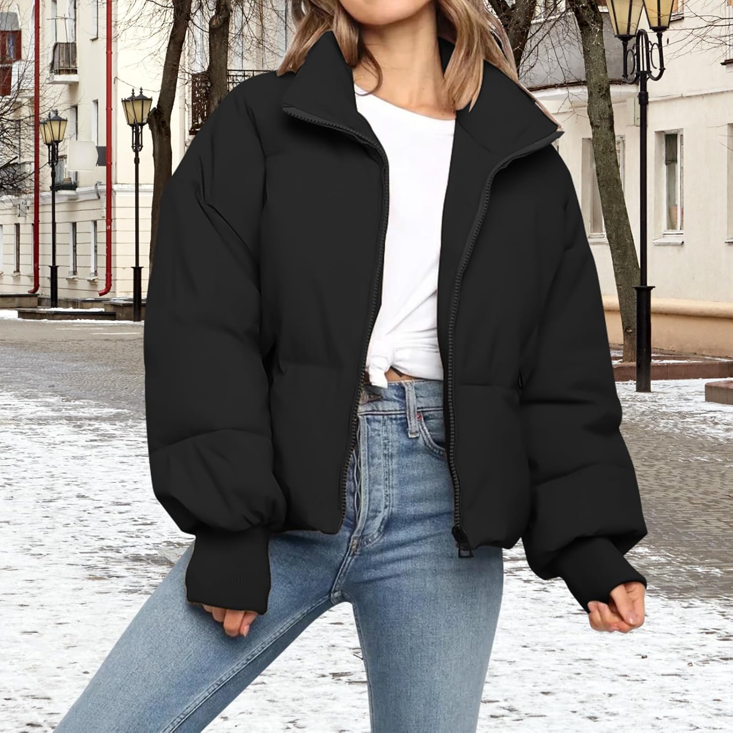 Women’s Winter Cropped Puffer Jacket Coat Casual Quilted Baggy Long Sleeve Zip Down Jackets Outerwear - Image 3