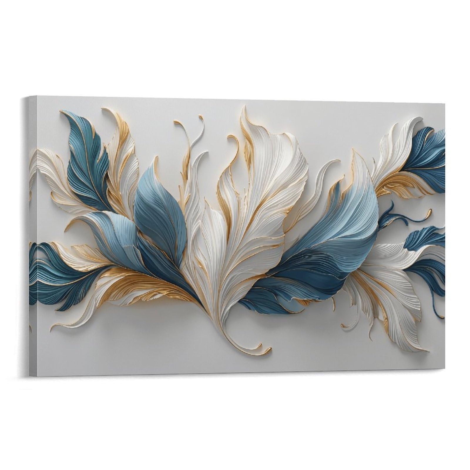 XPASHIQWC Blue-White-Gold Feather Wall Decor Poster Canvas Prints Picture Modern Canvas Wall Art Picture Wall Hanging for Bathroom Wall Decor 24x36inch(60x90cm)