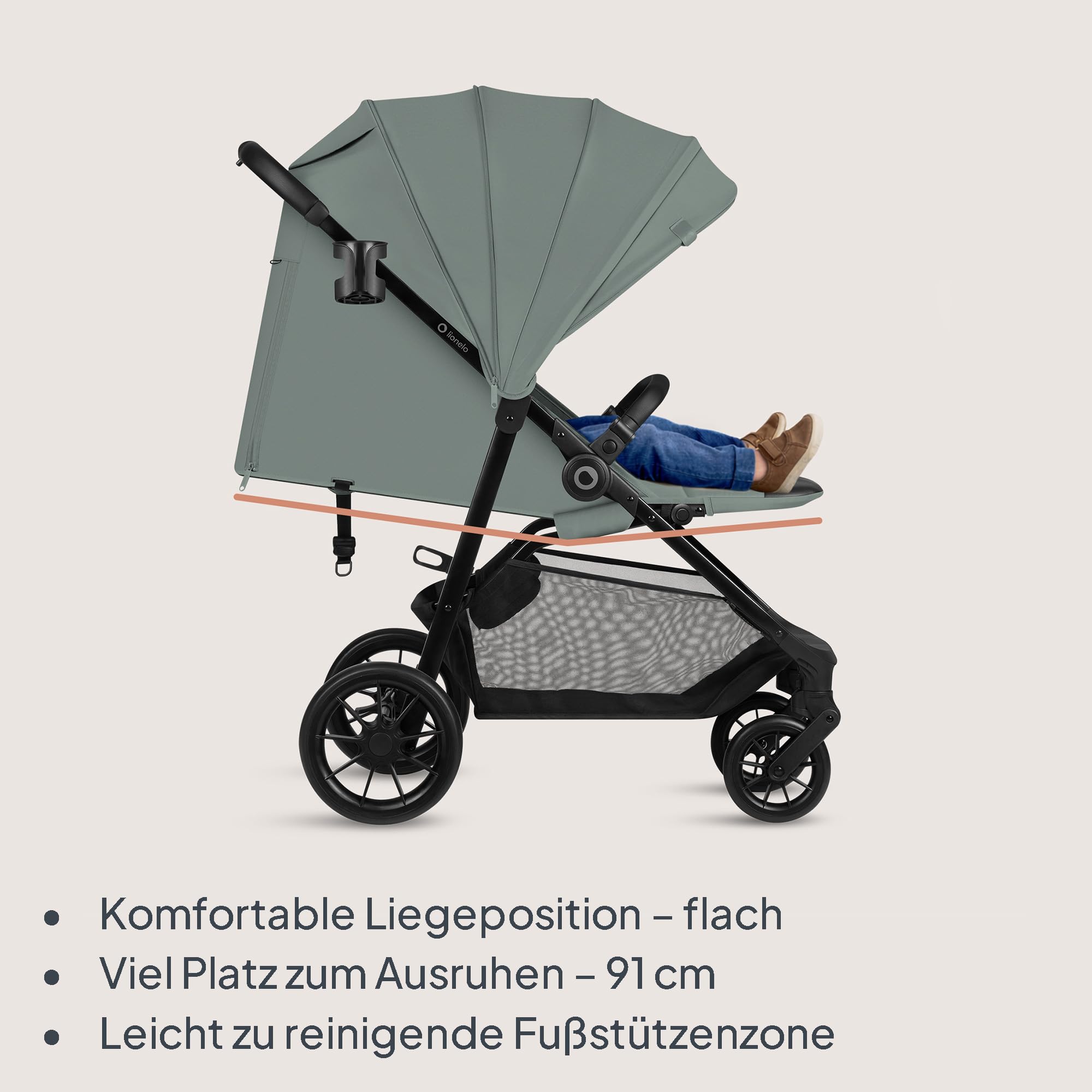 Lionelo Emerald Buggy bis 22 kg, 6 Monate–4 Jahre, EVA-Räder 360° mit Federung, einhändig faltbar, 91 cm Liegefläche mit verstellbarer Rückenlehne, UPF50+ wasserdichtes Verdeck, großer Einkaufskorb