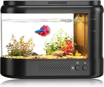 Betta Fish Tank Black 1 Gallon Acrylic Small Aquarium Kit | with Water Filter Pump & LED Light,Quiet Office Desktop Fish Bowl for Small Fish,Plants and Shrimp