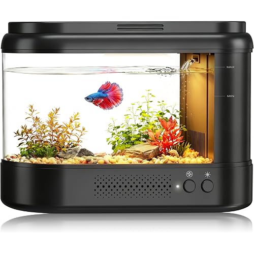 Betta Fish Tank Black 1 Gallon Acrylic Small Fish Tank Kit with Water Filter Pump & LED Light,Quiet Office Desktop Fish Bowl for Small Fish,Plants and Shrimp