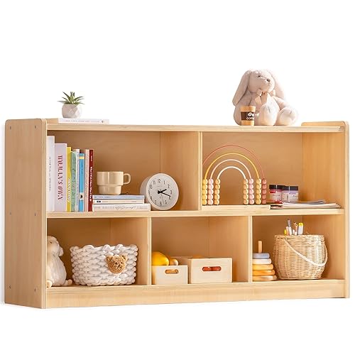 Miniatura 8 de ROBUD Organizador de almacenamiento de juguetes de madera, estante Montessori de 5 compartimentos con kit antipuntas, gabinete de almacenamiento de