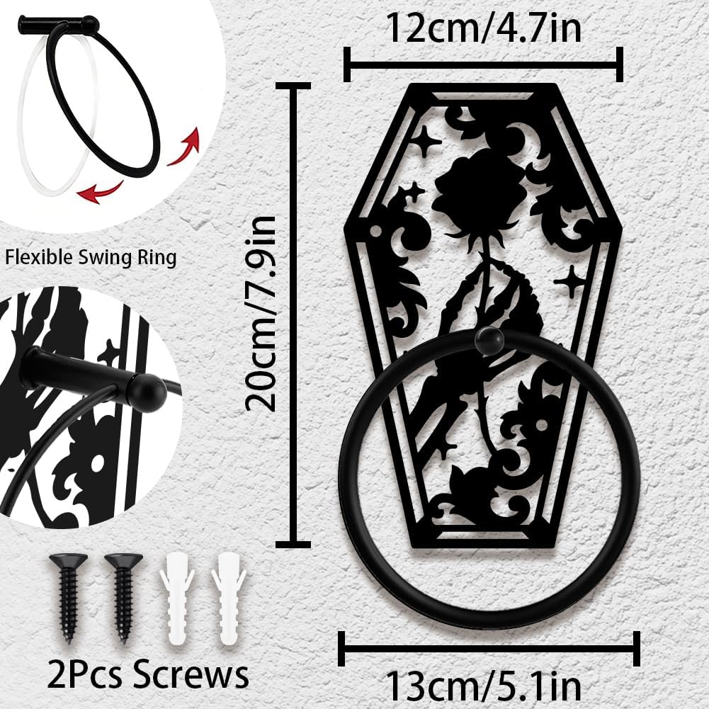 Art Bathroom Towel Ring Black Gothic Skull Metal Modern Round Towel Hanger 5.1in Wall Mounted Hanging Ring Bath Decorative Hardware Accessory for Kitchen Bar Toilet Home Hotel Decor image 2