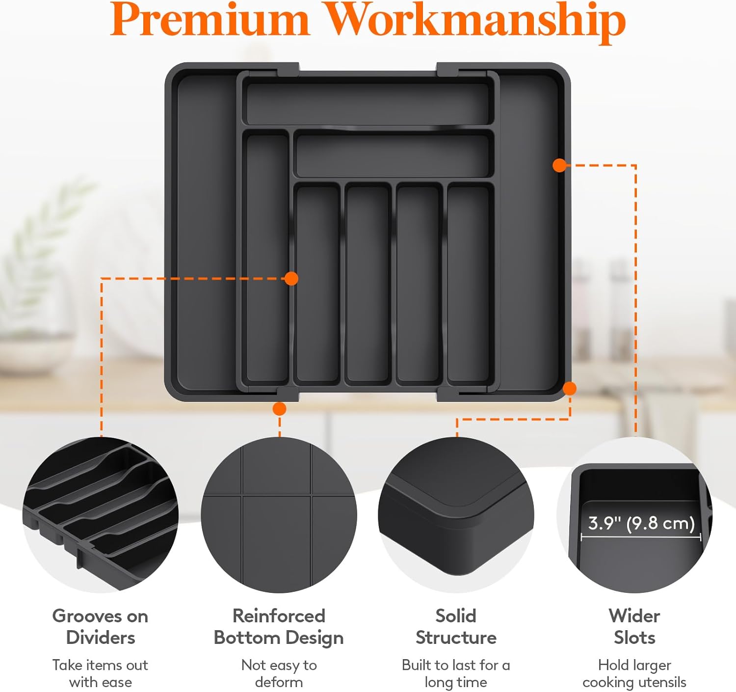 Lifewit Extendable Cutlery Drawer Organiser, Adjustable Cutlery Tray, Utensil Holder for Forks, Spoons, Knives, Plastic Kitchen Organiser and Storage, 9 Compartment, 30-50 x 38cm, Black — image 5