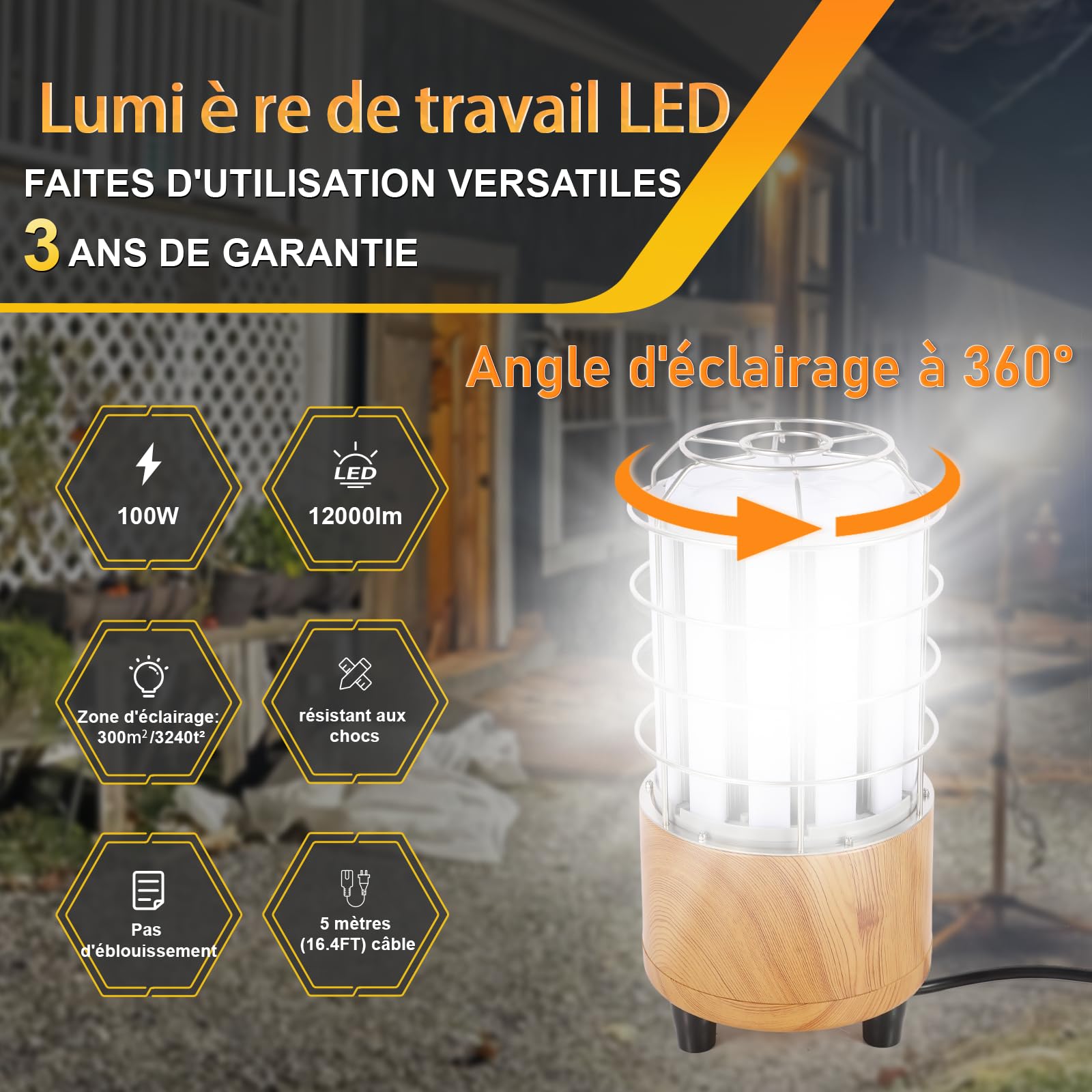 100w Projecteur de Chantier sur Trépied,12000 lumens, Lumière à 360 degrés.Utile pour l'entrepreneur et la famille. Également utilisé pour un événement extérieur/Party
