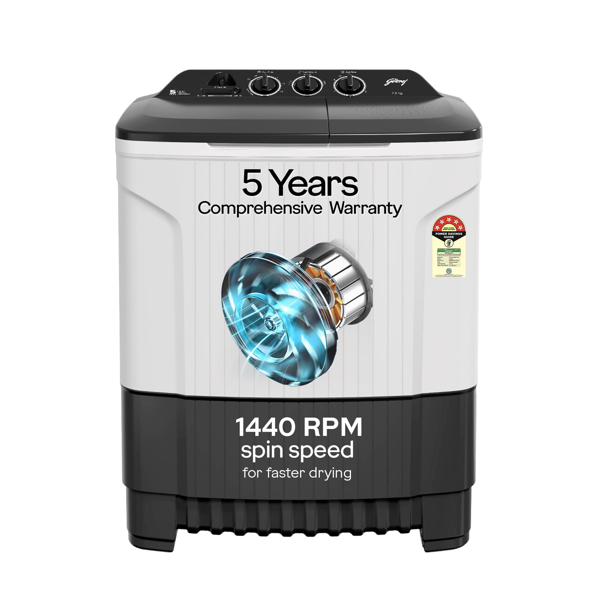 Godrej 7.5 Kg 5 Star Storm Force Pulsator Semi Automatic Top Load Washing Machine (WS EDGE CLS 75 5.0 PN2 GPGR, Graphite Grey, With Translucent Lid)