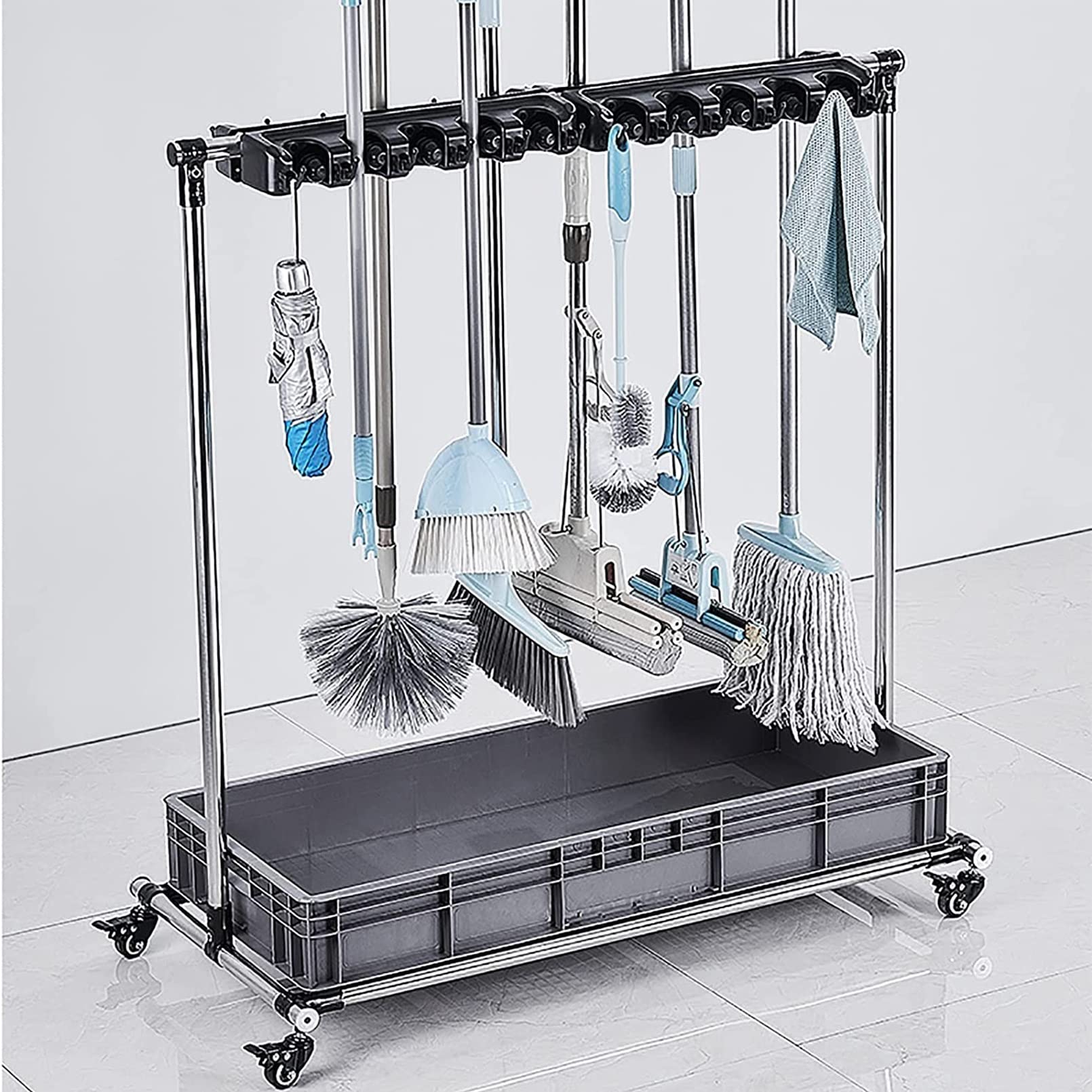 ASerZenith Movable Broom Mop Holder,Utility Cleaning Tool Cart,Mop Holder Umbrella Stand,Movable Commercial Mop Rack, Mop Drain Rack,Can Put Wet Mops,With Wheels,For Restaurant,Garages,S(10Slots)