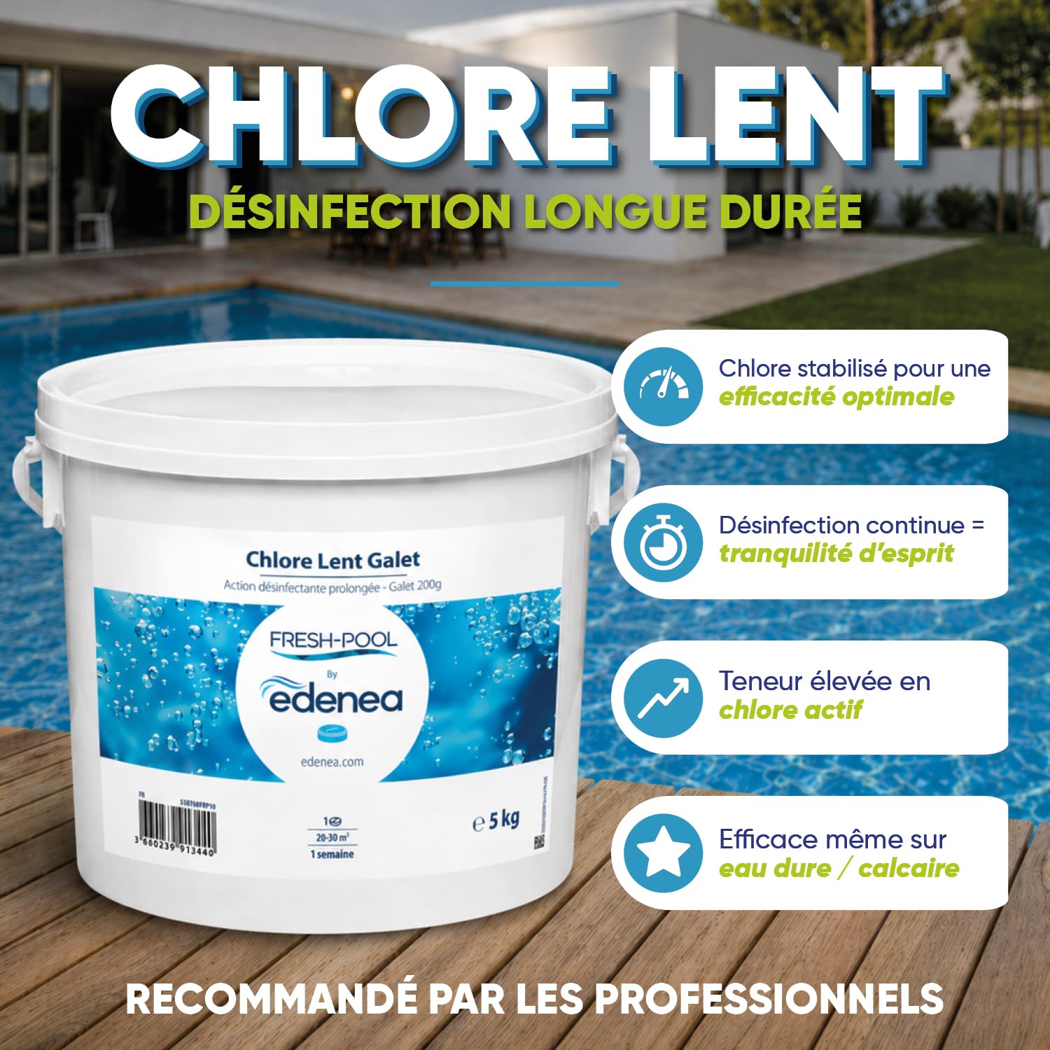 Fresh-Pool - Chlore Lent Piscine Galets 200g - Traitement Permanent - 5kg | Dissolution progressive longue durée, stabilisé contre la dégradation par les UV