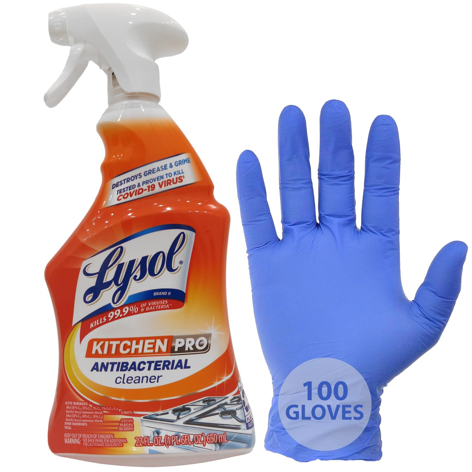 PeaknipLysoil Kitchen Pro Spray Cleaner - All Purpose Cleaning Spray for Counters, Sinks, Stovetops, Cabinets and Appliances 22 Fl. oz. Bundled Together 100 Disposable Gloves