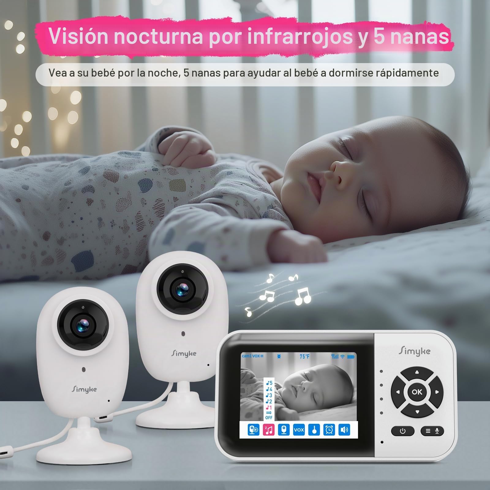 Simyke Smart BabyMonitor, 2 cámaras de 1080p, interruptor de encendido/apagado WiFi, pantalla de 2.8 pulgadas o acceso remoto WiFi, visión nocturna, alcance de 1500 pies, conversación bidireccional,