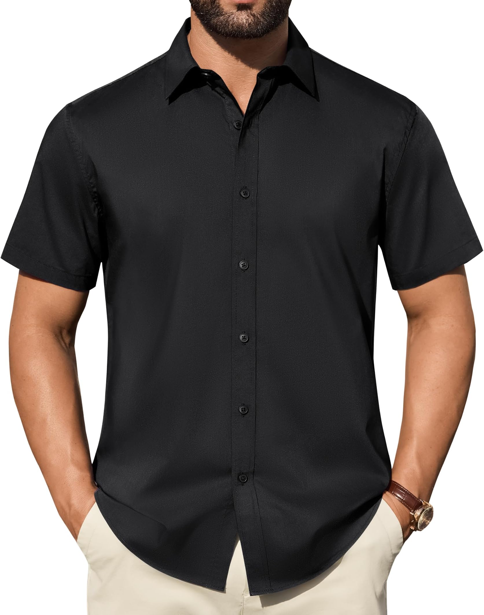 - Mens Dress Shirts Short Sleeve Stain Shield Stretch Solid Button Down Shirt Formal Business Work Button Up Shirt