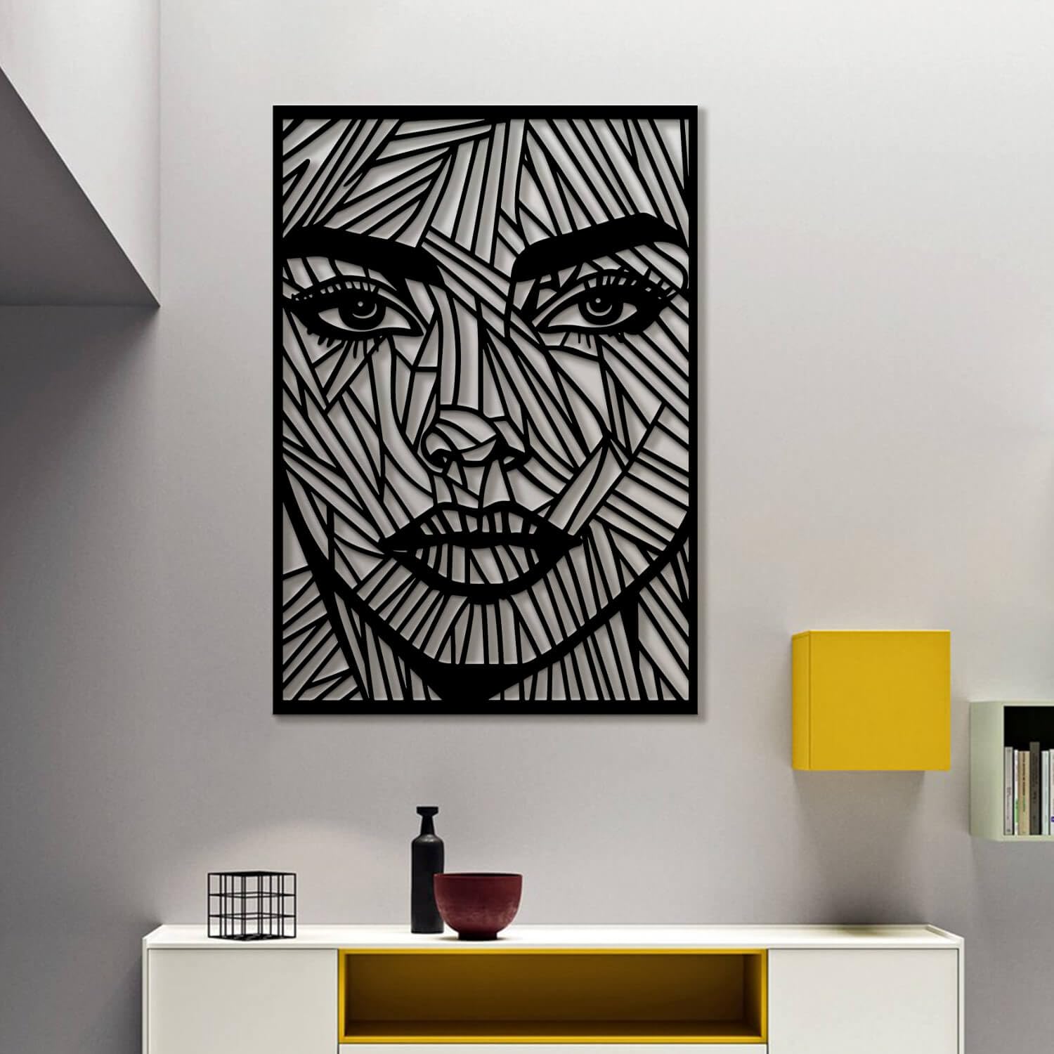 Décoration Murale Métal Visage De Femme - Sculpture Minimaliste Noir 76x57 Cm Pour Salon, Chambre