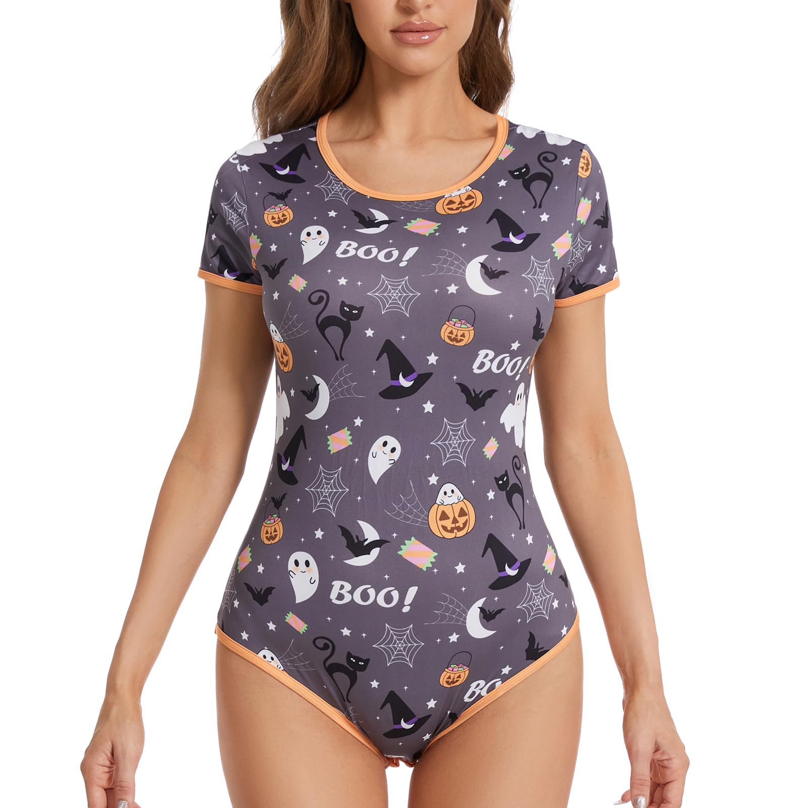 Halloween Onesie Pajama for Women: Spooky Cute Costumes for Adult Stretchy Bodysuit Romper Snap Crotch