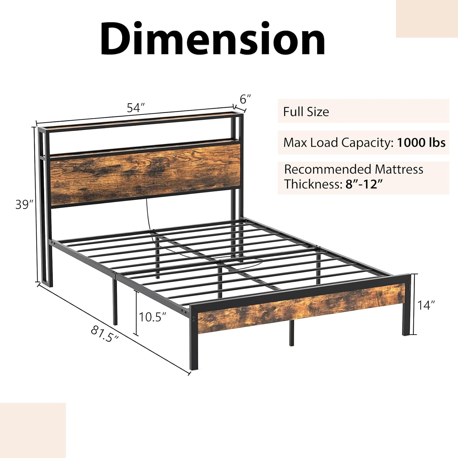Giantex Full Size Bed Frame with 2-Tier Storage Headboard, Industrial Metal Platform Bed with Charging Station, Heavy Duty Metal Support Mattress Foundation, No Box Spring Needed, Noise-Free