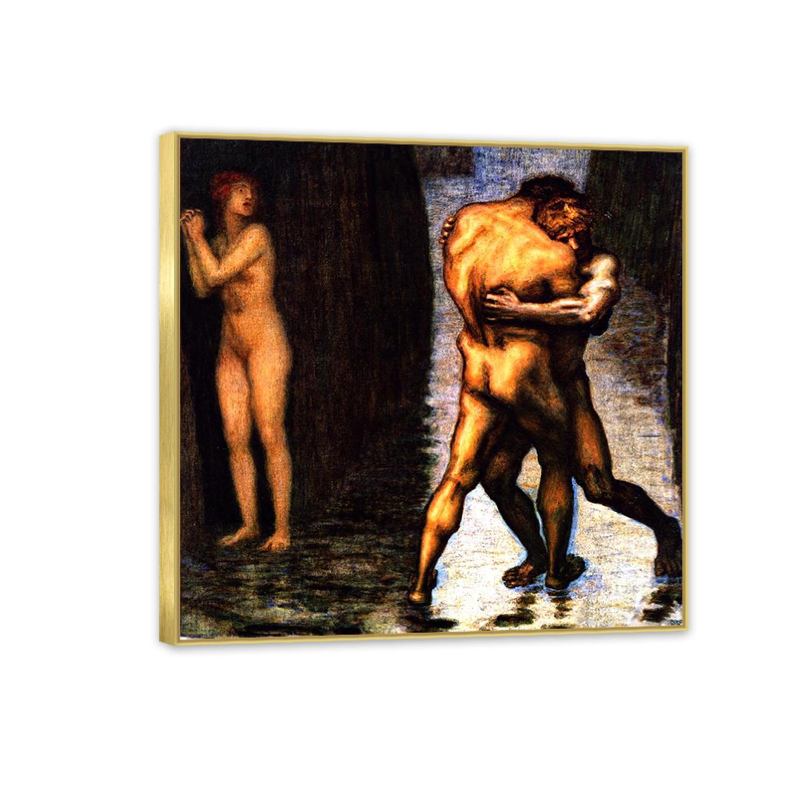 Hau3sh3a Girls Frame Franz Von Stuck Wall Art Print Fight For The Famous Giclees Franz Stuck Picture Artwork Wall Decor For Living Room Bathroom Office 60X60cm(24X24in) Gold