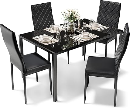 Dining Table Set for 4, Kitchen Table and Chairs Set of 4, 5 Piece Modern Dining Room Table Set with Tempered Glass Top and PU Leather Chairs for Small Space, Apartment, Black