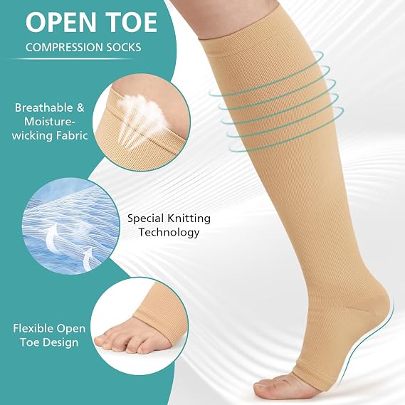 Open Toe Compression Socks for Men & Women - 3 Pairs 15-20 mmhg Toeless Knee High Stockings for Circulation, Nursing, Running