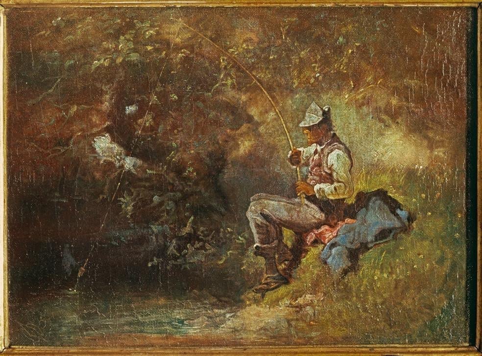 Tableau le pêcheur de Carl Spitzweg poster art mural vintage décoration de chambre 60x90 cm
