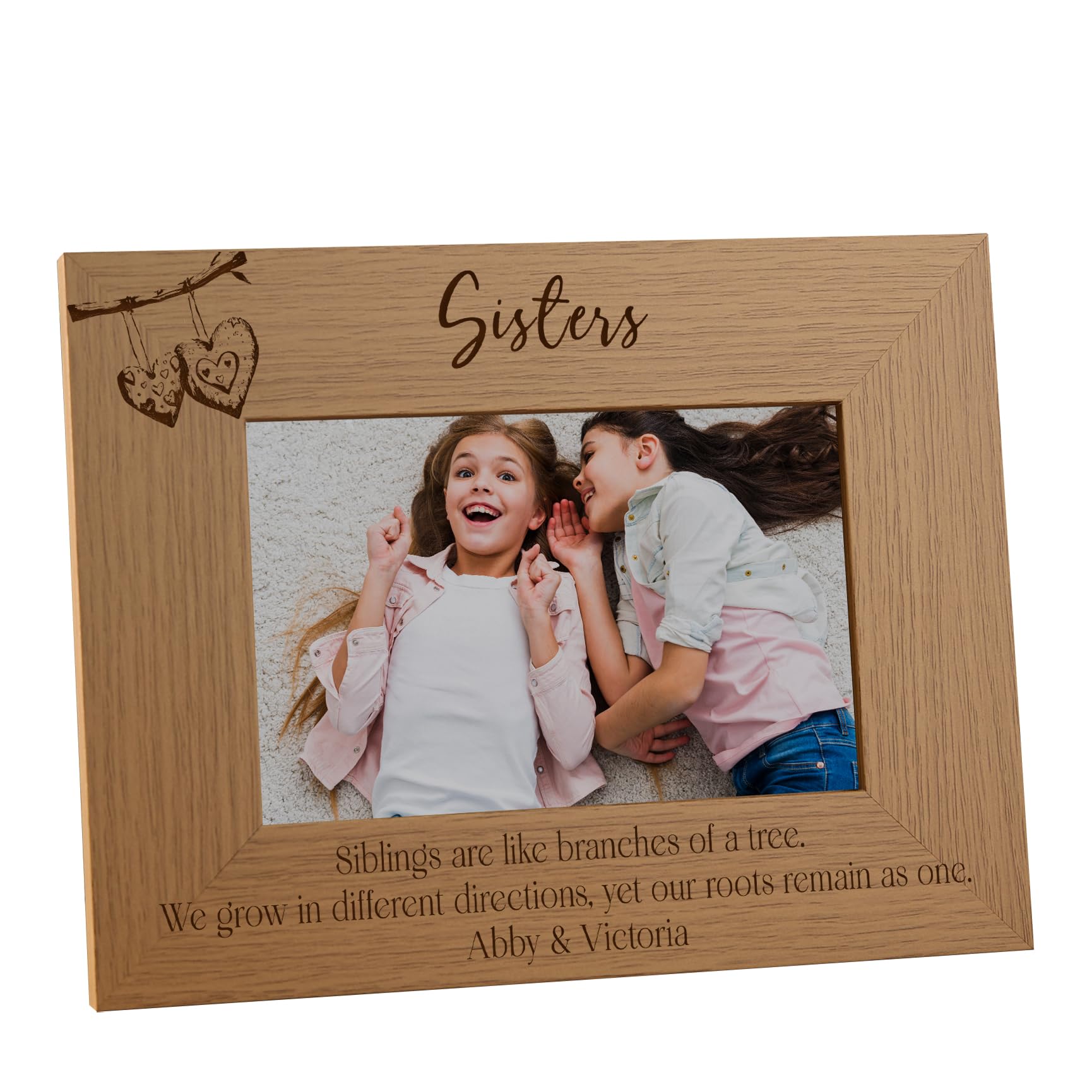 Brothers and Sisters Siblings Personalised Photo Frame, Oak Wood with Love Hearts Branch Design, Multiple Sizes Portrait and Landscape Display, Wall Mount and Desktop Stand (sisters)