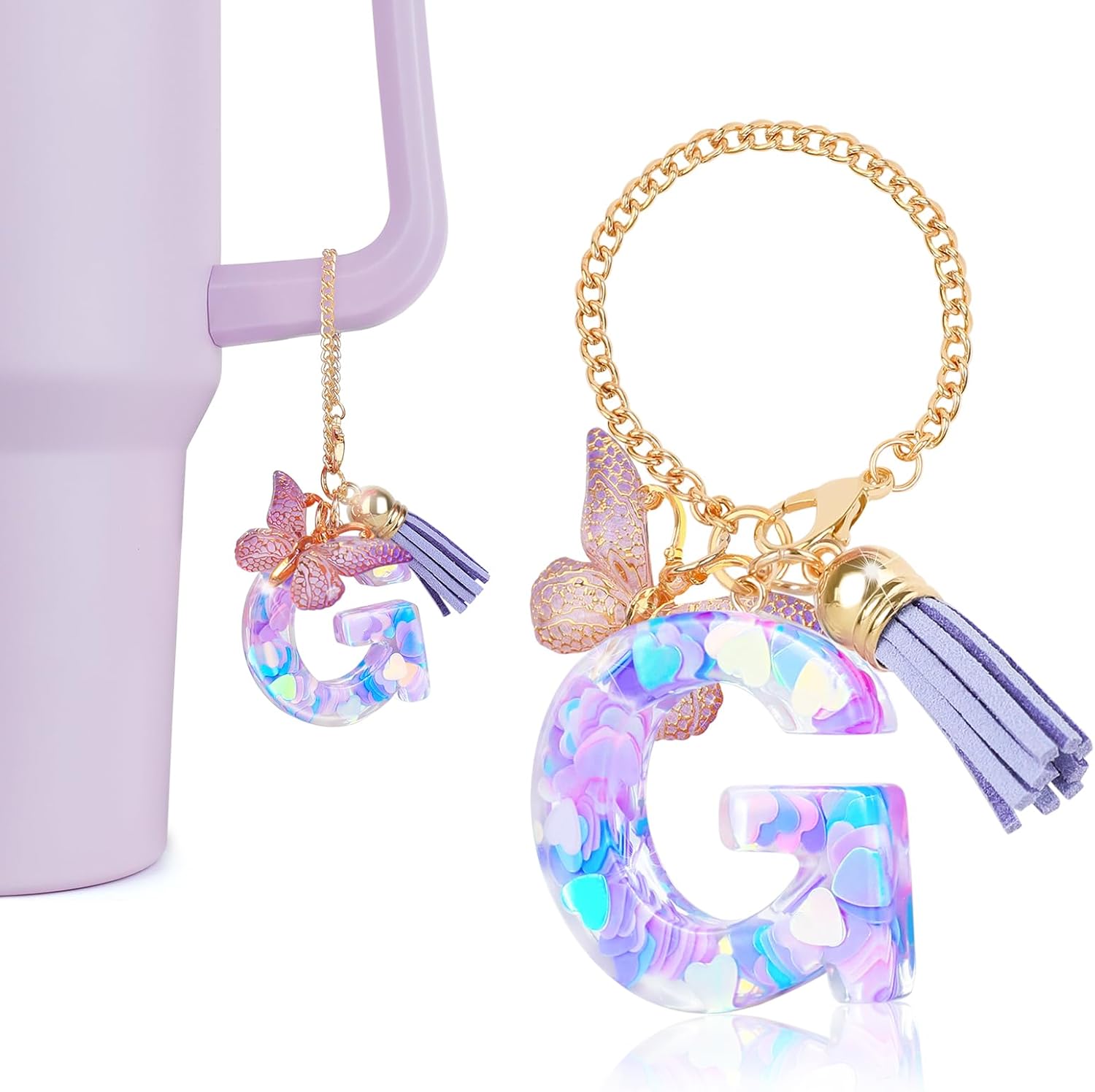 Letter Charms for Stanley Cup with Handle, Initial G Charms Accessories for Stanley Tumbler, Purple Charm for Key Purse Handbags Backpacks, Cute Initial Letter Charm with Butterfly Tassel