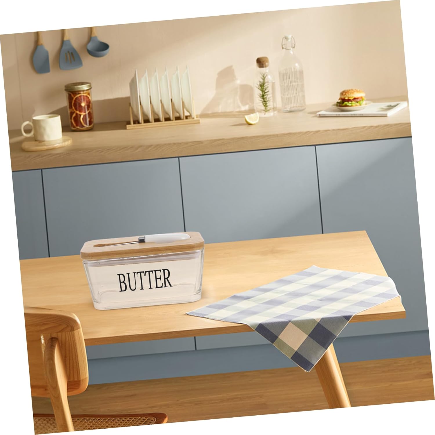 KICHOUSE Airtight Glass Butter Dish Lid Butter Keeper for Refrigerator Counter Knife Holder Fresh Storage for Kitchen