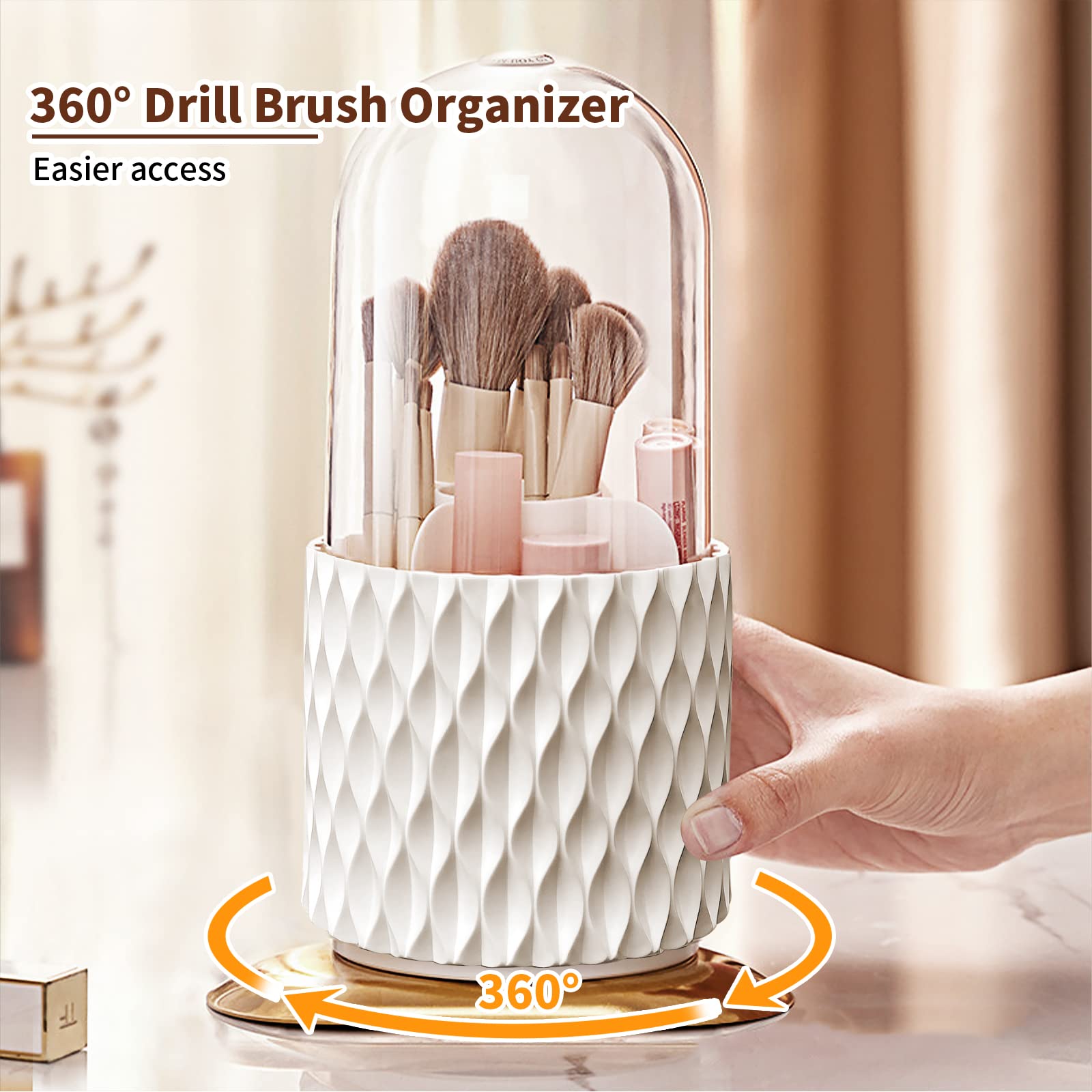 FIVAVA Porta Pennelli Make Up 360° Rotante, Organizer Con 5 Scomparti e Coperchio per Pennelli Trucco e Rossetti