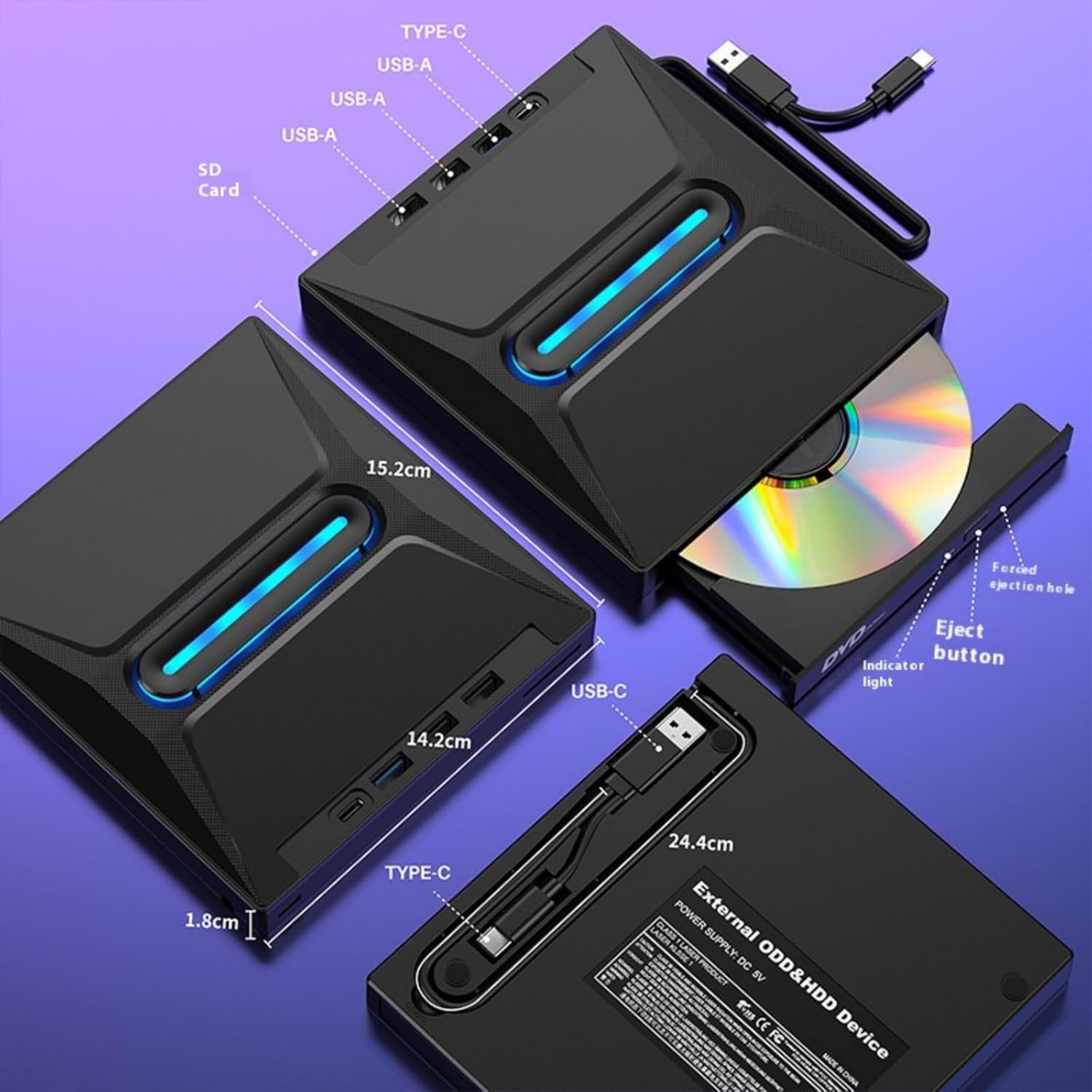 7 Port Multifunction External Disc Burning USB3.0 TypeC External Disk Drive For Desktop Laptop Multiple Systems External Opticaled Drive