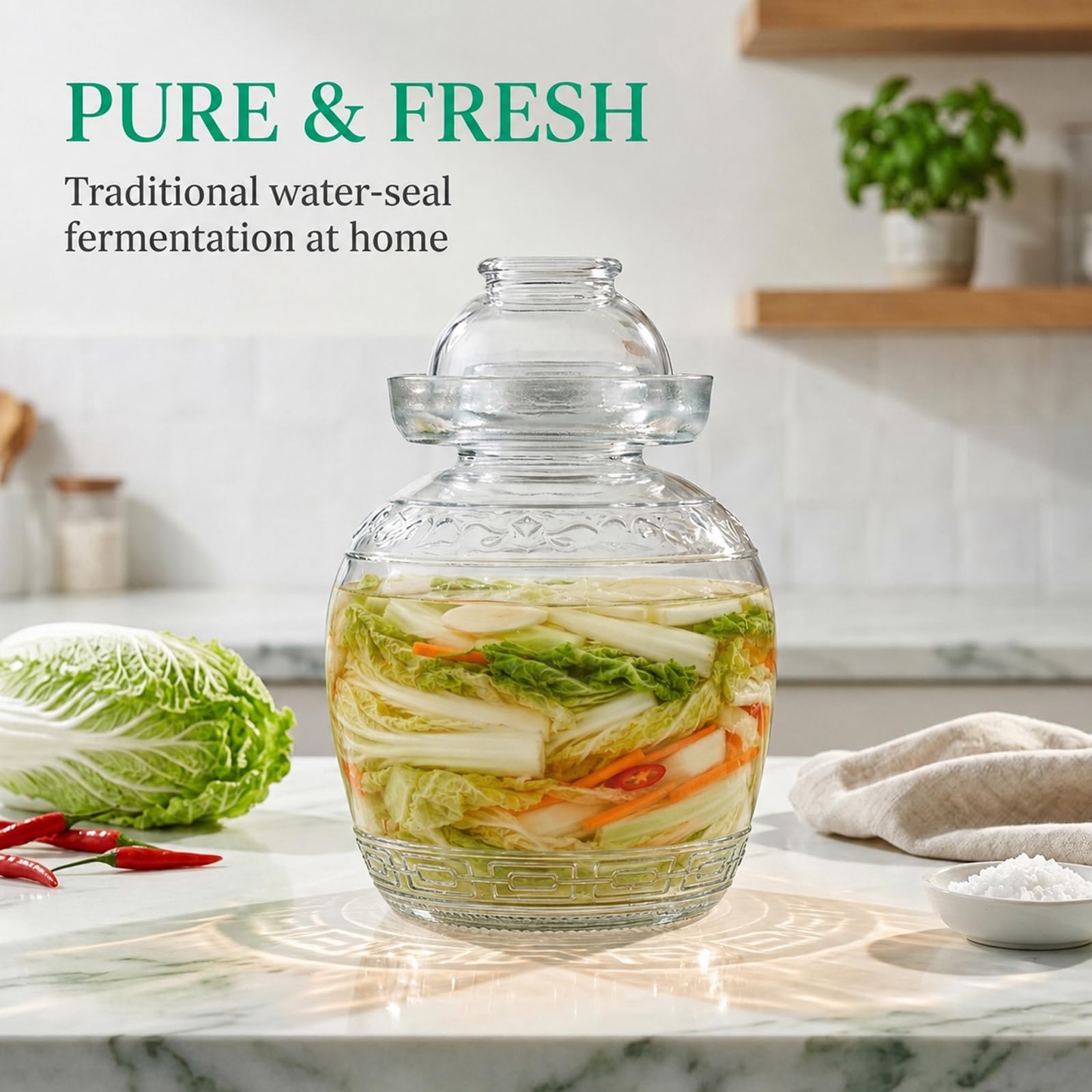Generisch Fermentationsglas, großes dicht schließendes Einmachglas, traditioneller chinesischer Fermentiertopf mit Wasserverschluss Deckel, Glas Gärtank für Kimchi, Sauerkraut und Einlegen