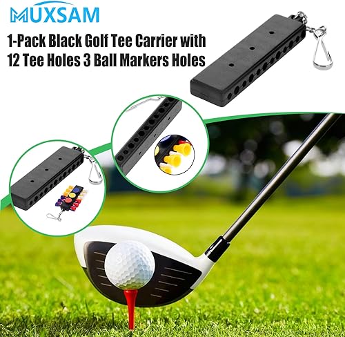 Miniatura 4 de MUXSAM Black Golf Tee Holder for Bag, 1-Pack Golf Tee Carrier with 12 Tee Hole 3 Ball Markers Holes Keychain Golf Accessory Negro