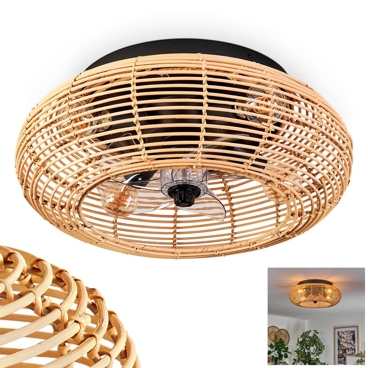 HOFSTEIN Ventilatore a soffitto Mulstrand, ventilatore in metallo/bamboo in nero/naturale con telecomando, funzione di flusso d'aria ascendente e discendente e effetto luce sul soffitto, plafoniera a