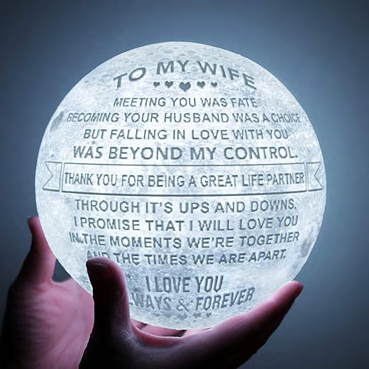 K KENON Engraved 3D Moon Lamp Gifts Anniversary Mother's Day Gift for Wife, to My Wife Gifts from Husband, Personalized 5.9 Inch 3D Printing Moon Light Gift for Wife Birthday Christmas Gift