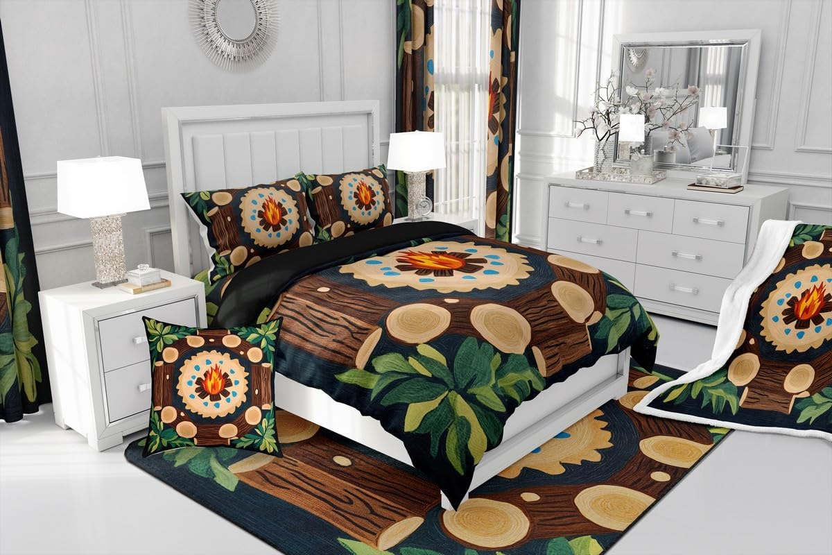 Feelyou Campfire Play Living Room Rugs Tree Stump Area Rug 3x5 Kids Boys Girls Woodland Tree Themed Decorative Carpet Campsite Summer Indoor Floor Mat Green Classroom Rug