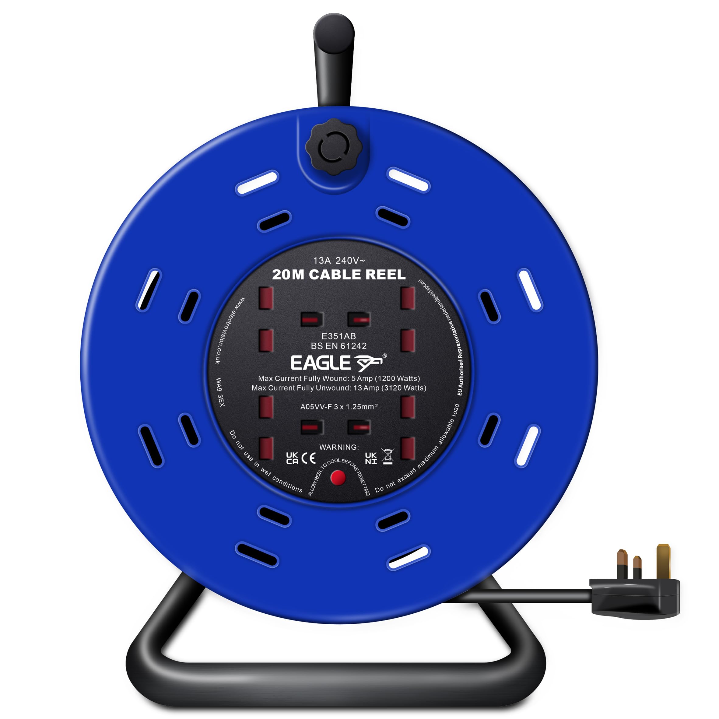 Eagle 4 x UK Plug Socket Extension Reel with A Frame Metal Holder, Restable Thermal Safety Cut Out Protection, Cushioned Easy Hold Handle, Winding Handle, UK Plug. Extending Extension Lead 13 Amps 20m