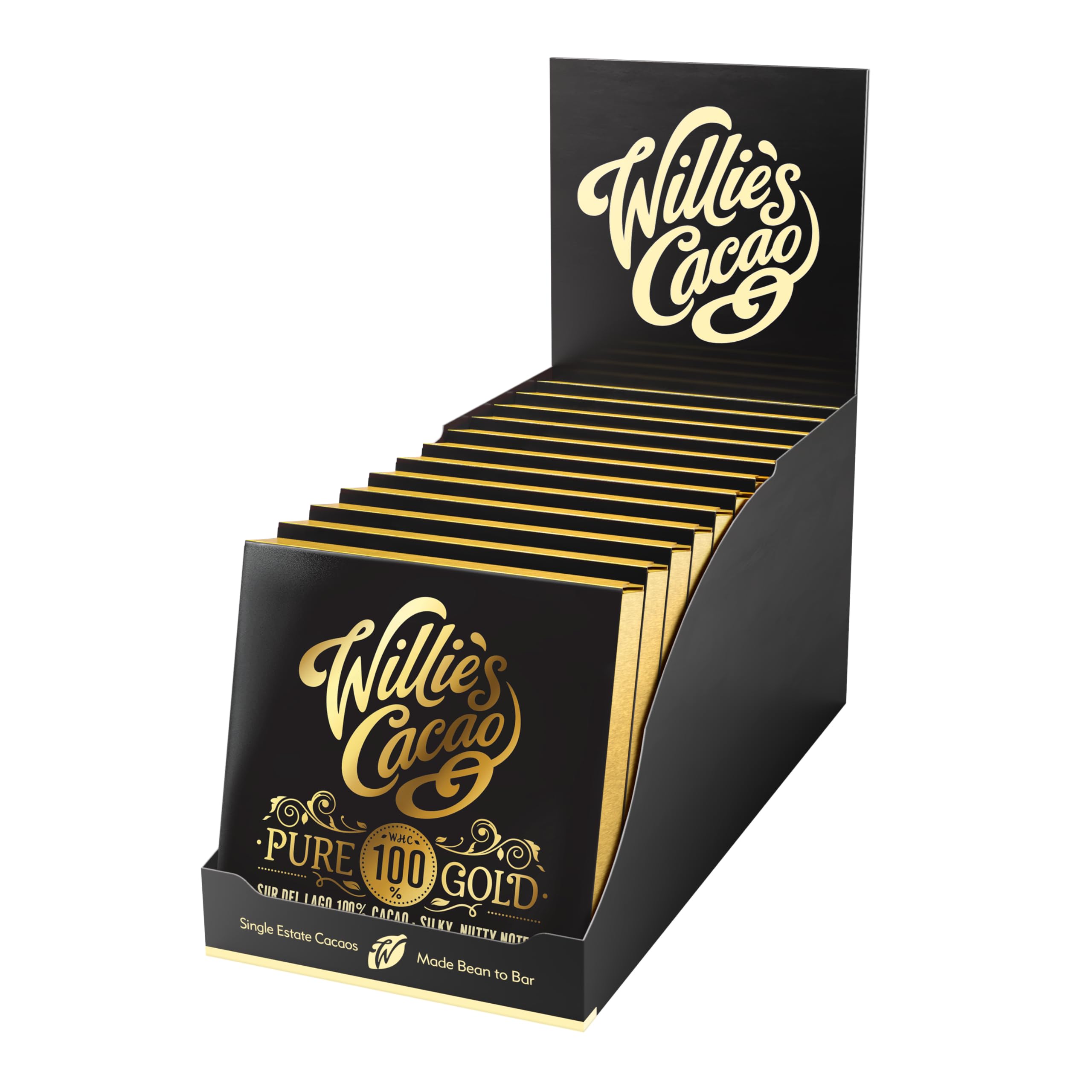 Willie's Cacao - Pure Gold, 100% Cocoa Bar - 40g x 12 - Smooth nutty notes - No added sugar - Vegan chocolate - Artisan made