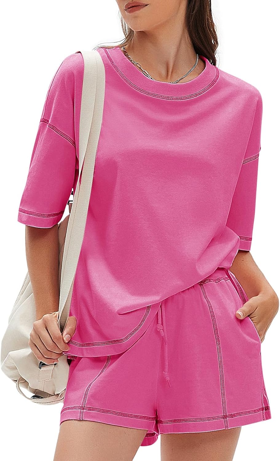 EXLURA Women's Casual Summer 2 Piece Sets 100% Cotton Short Sleeve Tshirt and Shorts Matching Sweatsuits Lounge Set 2026