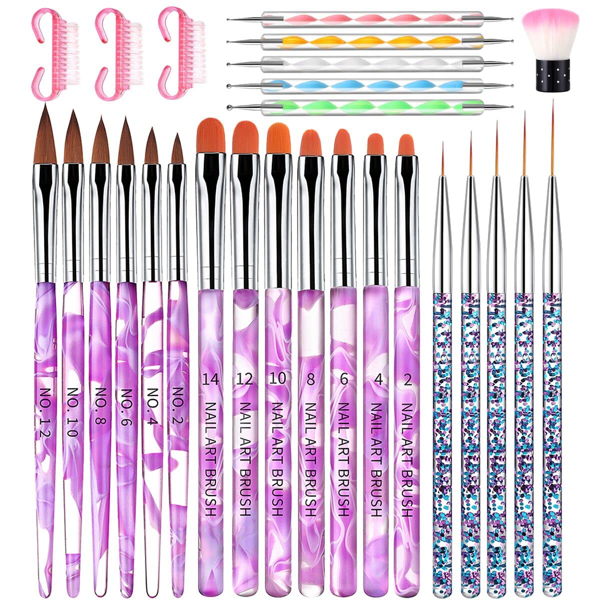 27PCS Acrylic Nail Brush Set Including 7 Pcs UV Gel Nail Art Brushes, 6 Pcs Nail Extension 3D Carving Brush, 5Pcs Double Ended Dotting Liner Pen Cleaning Dust Tools For Salon Home DIY