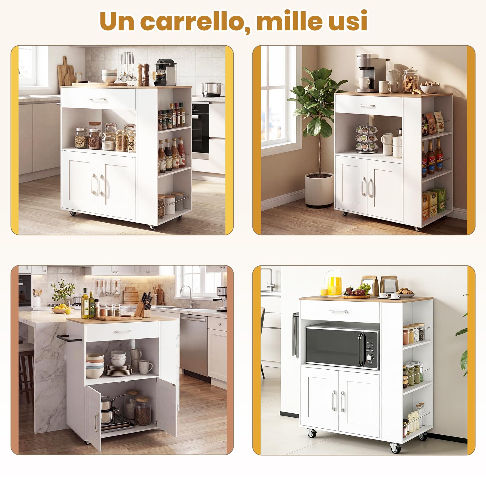 RELAX4LIFE Carrello Cucina Salvaspazio con Ruote PU 38mm, Cassetto e Armadio 2 Ante, 3 Ripiani Portaspezie Laterali, Piano Largo 75x46cm e Sottopiano Aperto per Microonde, Capacità 105kg