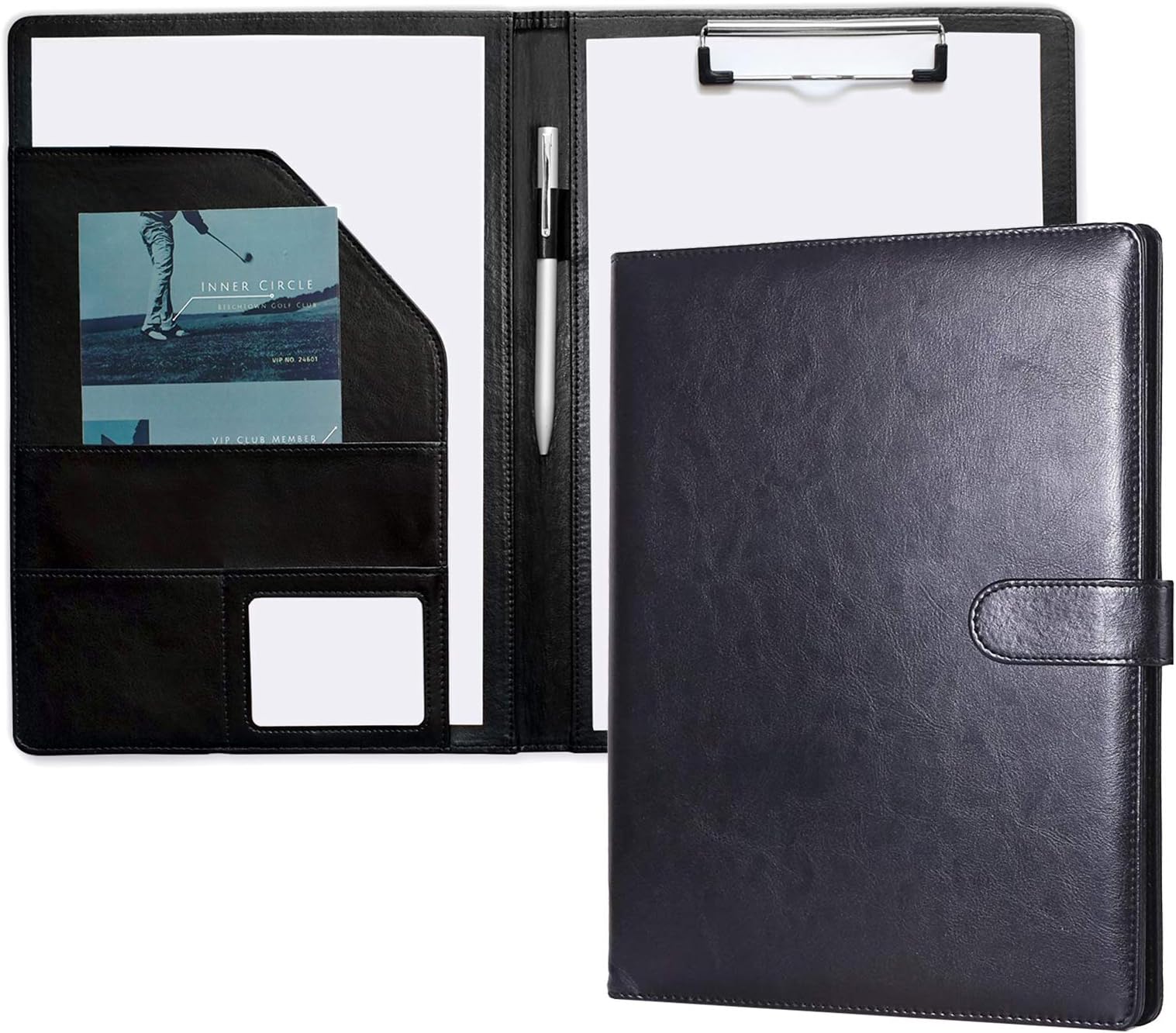 Folder A4 Clipboard Folder Conference for Legal Pad, Faux Leather Folder Work Writing Foldover Clipboard with Cover, Portfolio Organiser A4 Folio Clip Board (Black)